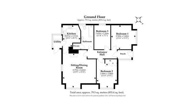 The floor plan for 1 Heathland Cottages, showing the ground floor with kitchen, sitting and dining room, three bedrooms and a bathroom